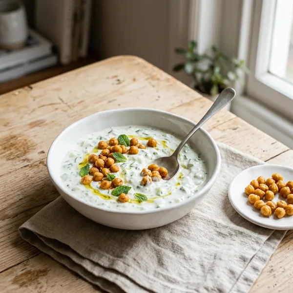 A white bowl of creamy cucumber and mint yogurt sauce topped with golden crispy chickpeas, olive oil and mint leaves