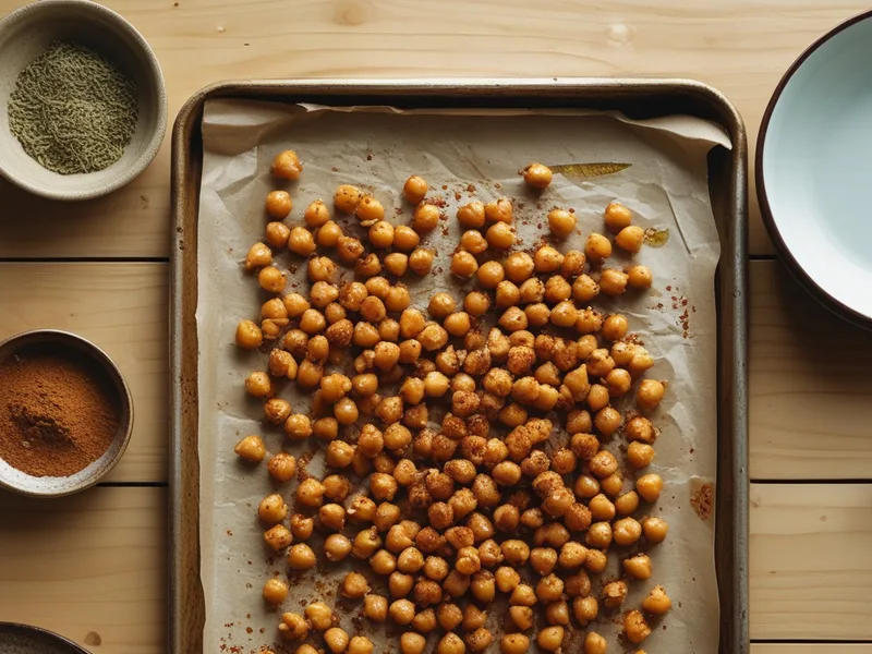 Chickpeas tossed with olive oil and paprika spread on a parchment-lined baking sheet