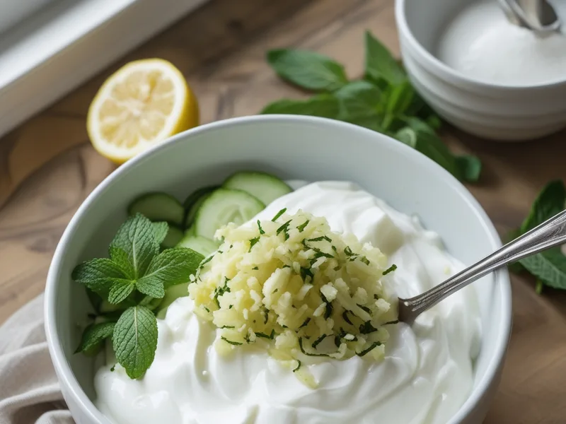 A white bowl of thick Greek yogurt with grated cucumber, garlic, lemon halves and mint leaves being stirred