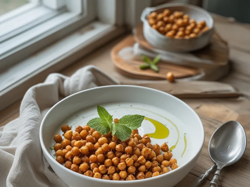 A white bowl of cucumber and mint yogurt sauce topped with golden roasted chickpeas and a drizzle of olive oil