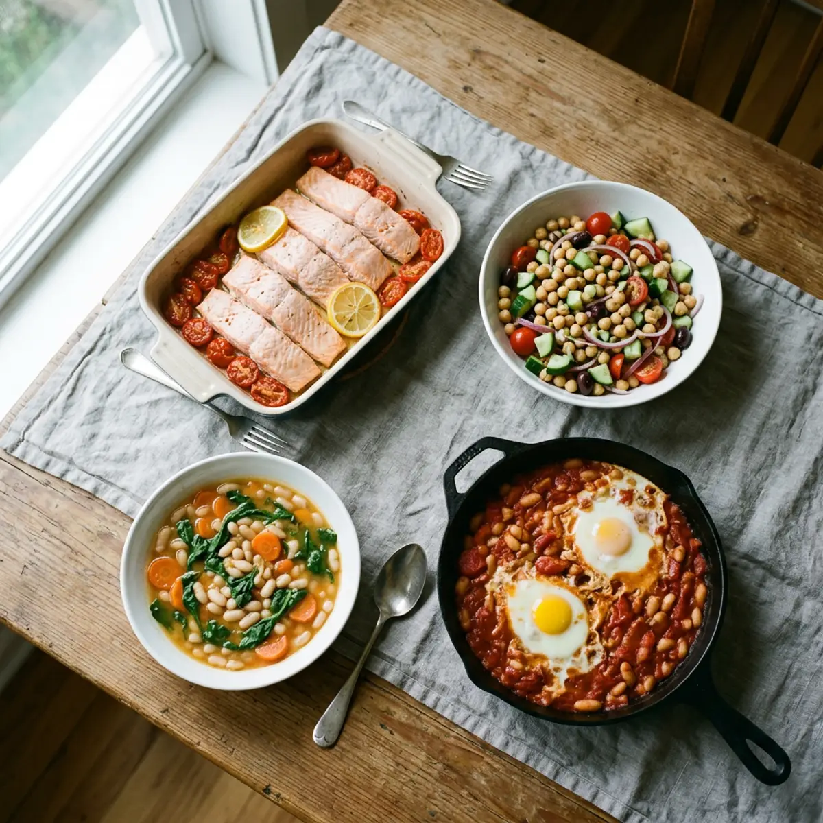 Four Mediterranean dishes: baked salmon with tomatoes, chickpea salad, white bean soup and eggs in tomato sauce
