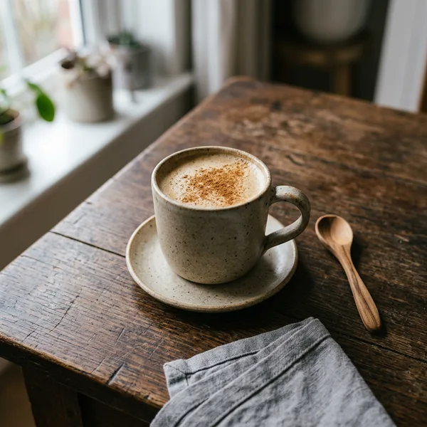 A stoneware mug of creamy light-brown coffee dusted with cinnamon on a saucer on a dark wooden table
