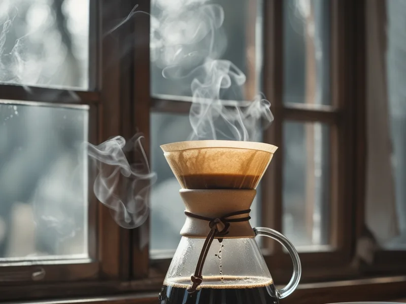 A glass carafe of freshly brewed black coffee with steam rising next to a plain mug