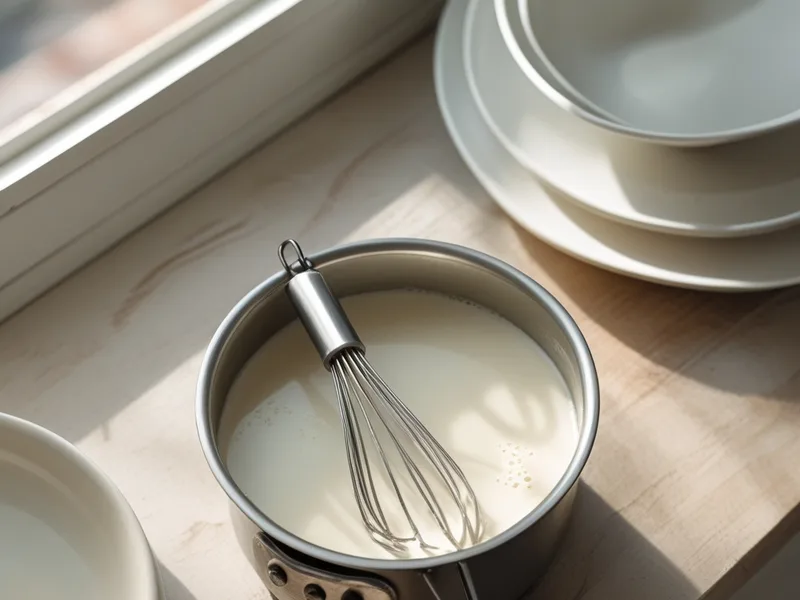 A small saucepan of creamy almond milk with a small whisk resting in it