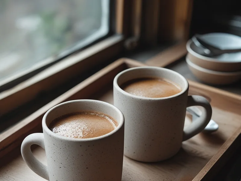 Two stoneware mugs of light-brown coffee dusted with cinnamon on a wooden tray