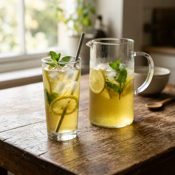 A tall glass of iced green tea with lemon slices and mint, with a glass pitcher of tea behind it on a wooden table