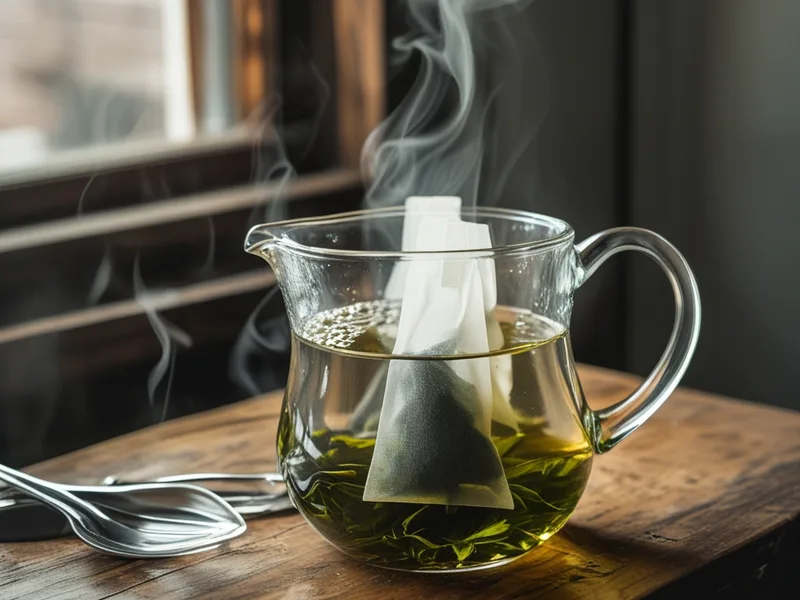 Green tea bags steeping in hot water in a clear glass pitcher on a wooden counter