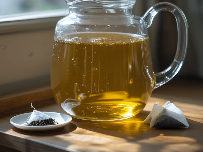 A glass pitcher of golden green tea with two used tea bags set beside it