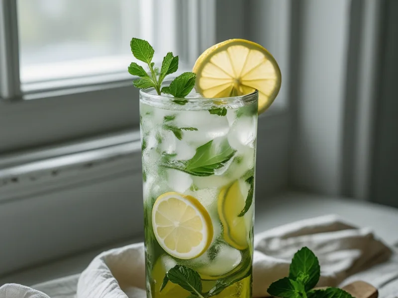 A tall glass of iced green tea with lemon slices and mint leaves