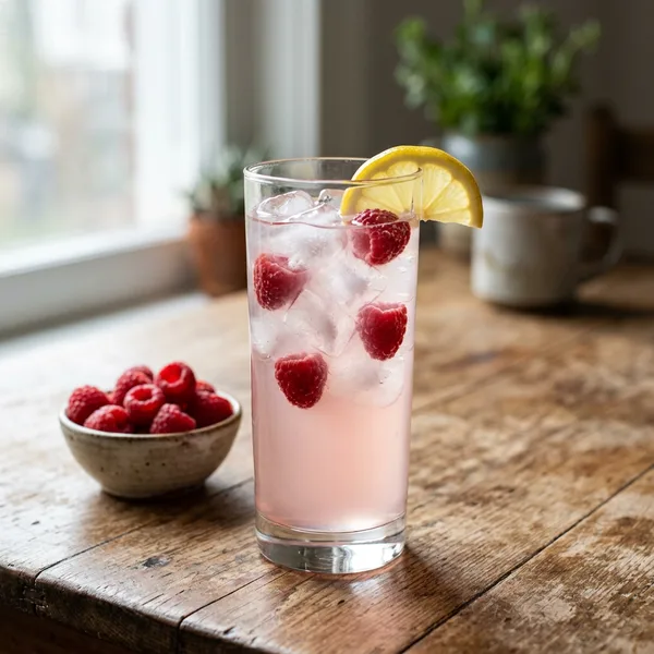 A tall glass of pale pink protein water with raspberries and a lemon slice on a wooden table