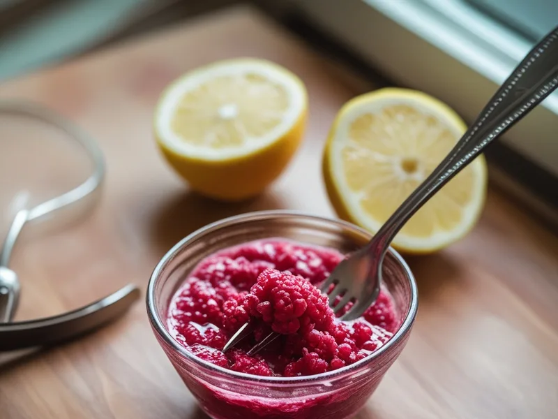 Raspberries mashed with a fork in a small glass bowl next to two lemon halves