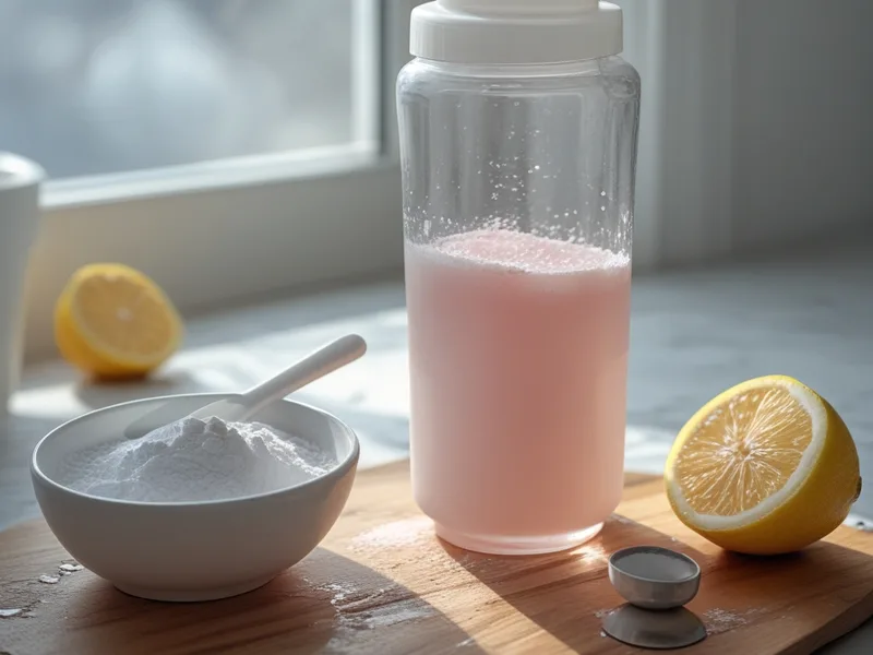 A clear shaker bottle of pale pink liquid next to a bowl of white protein powder and a lemon half