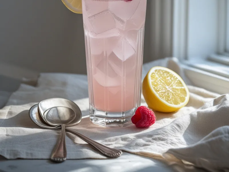 A tall glass of pale pink protein water with ice, a raspberry and a lemon slice