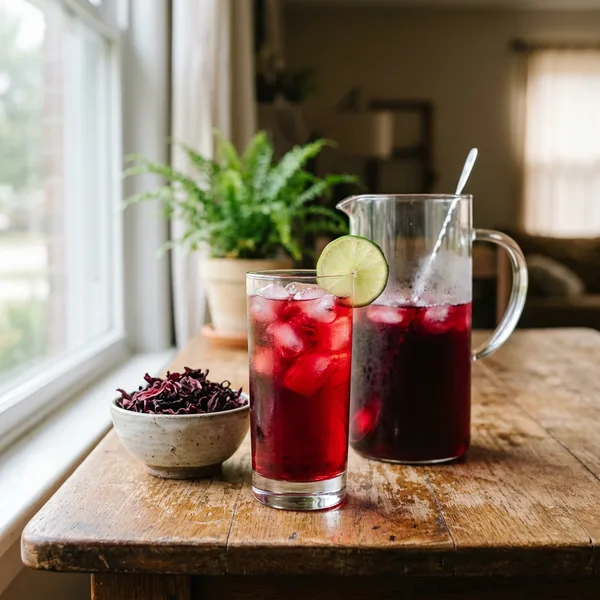 A glass of ruby-red iced hibiscus tea with a lime slice, a pitcher of tea and dried hibiscus flowers on a wooden table