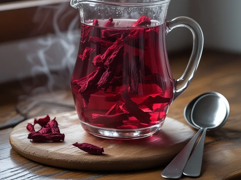 Dried hibiscus flowers steeping in hot water in a clear glass pitcher, turning the water deep ruby red