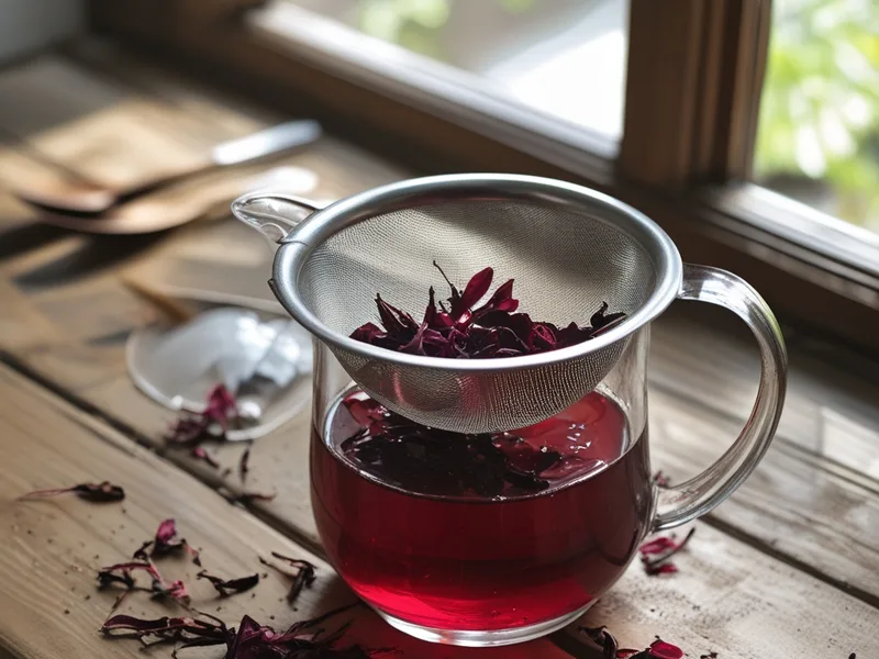 A fine mesh strainer over a glass pitcher of ruby-red tea, with spent hibiscus flowers in the strainer