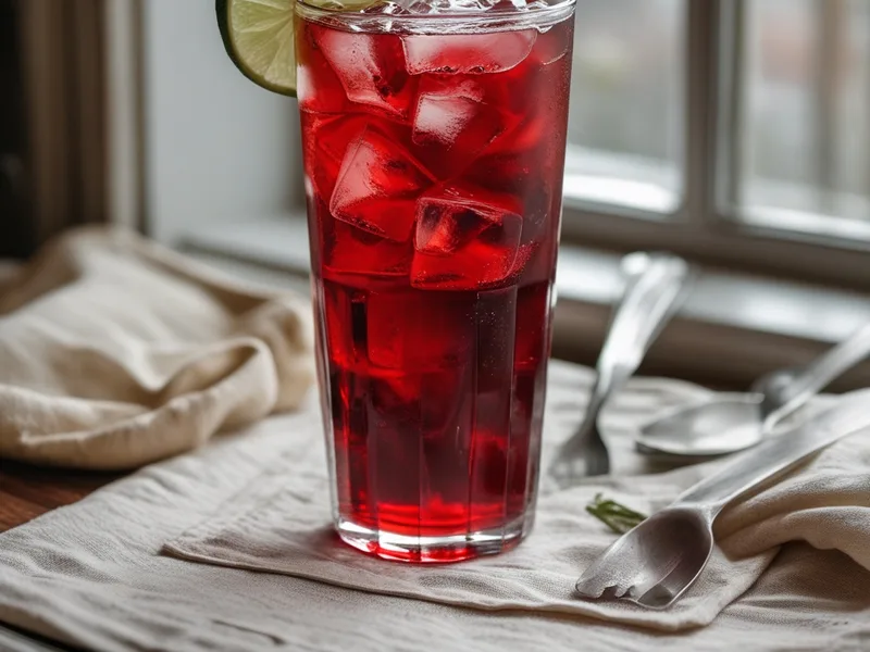 A tall glass of ruby-red iced hibiscus tea with ice and a lime slice